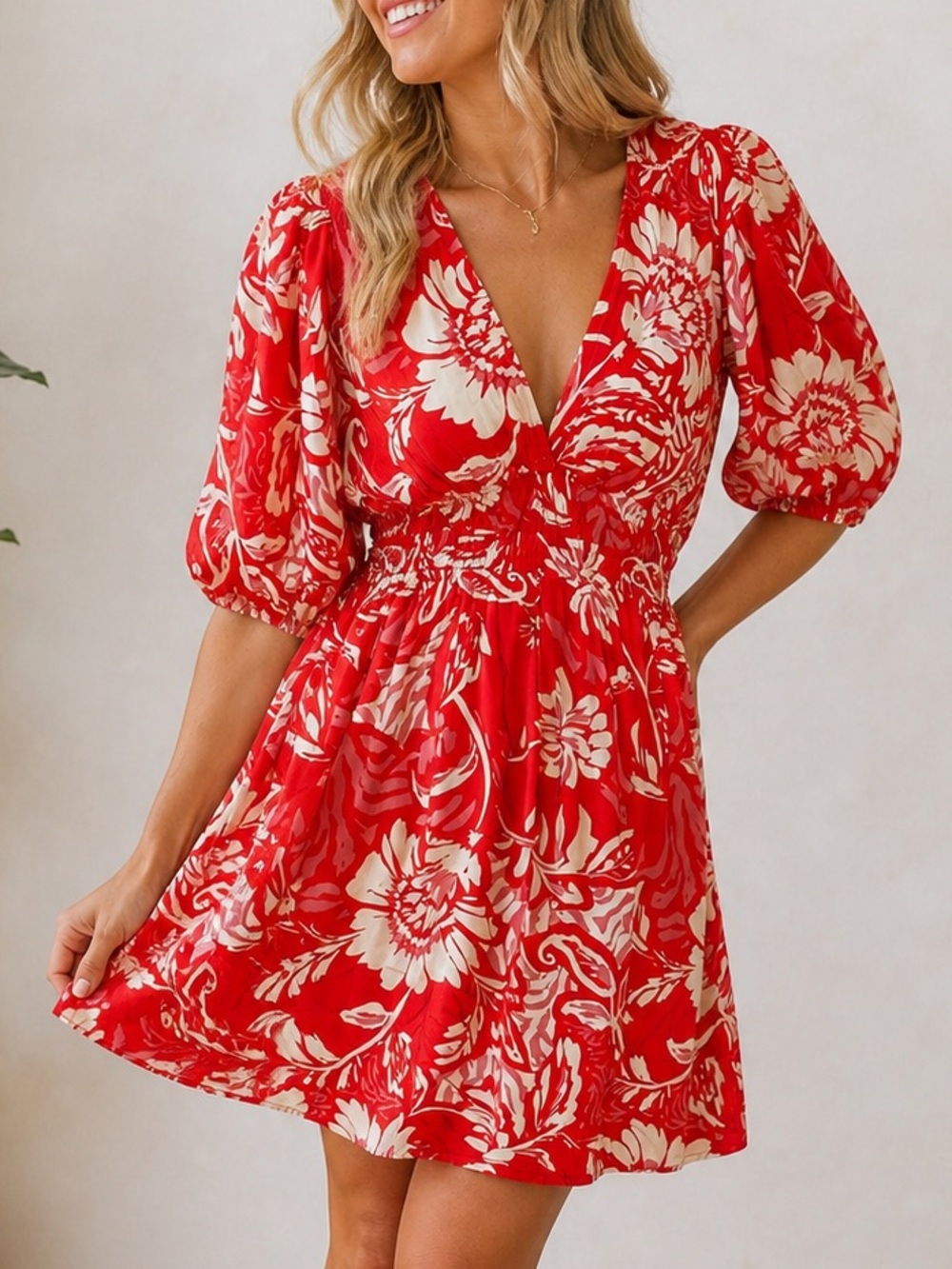 Anthropologie Able The Label Red Floral Mini Dress Puff Sleeve Smocked Boho M